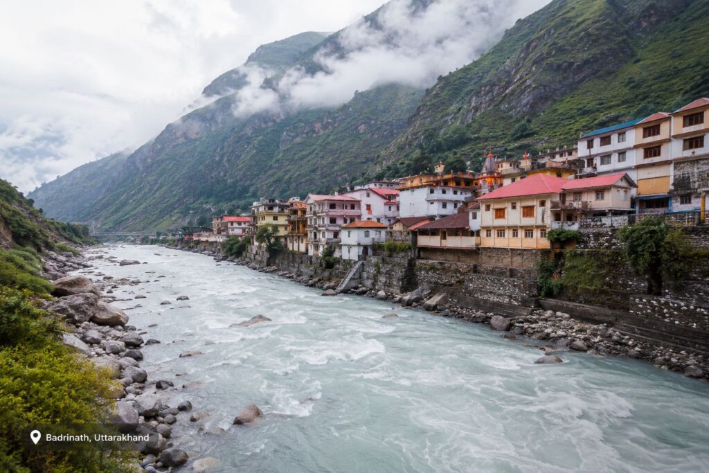 Alaknanda river flowing beside Badrinath town in September after monsoon — ideal time for a quiet yatra