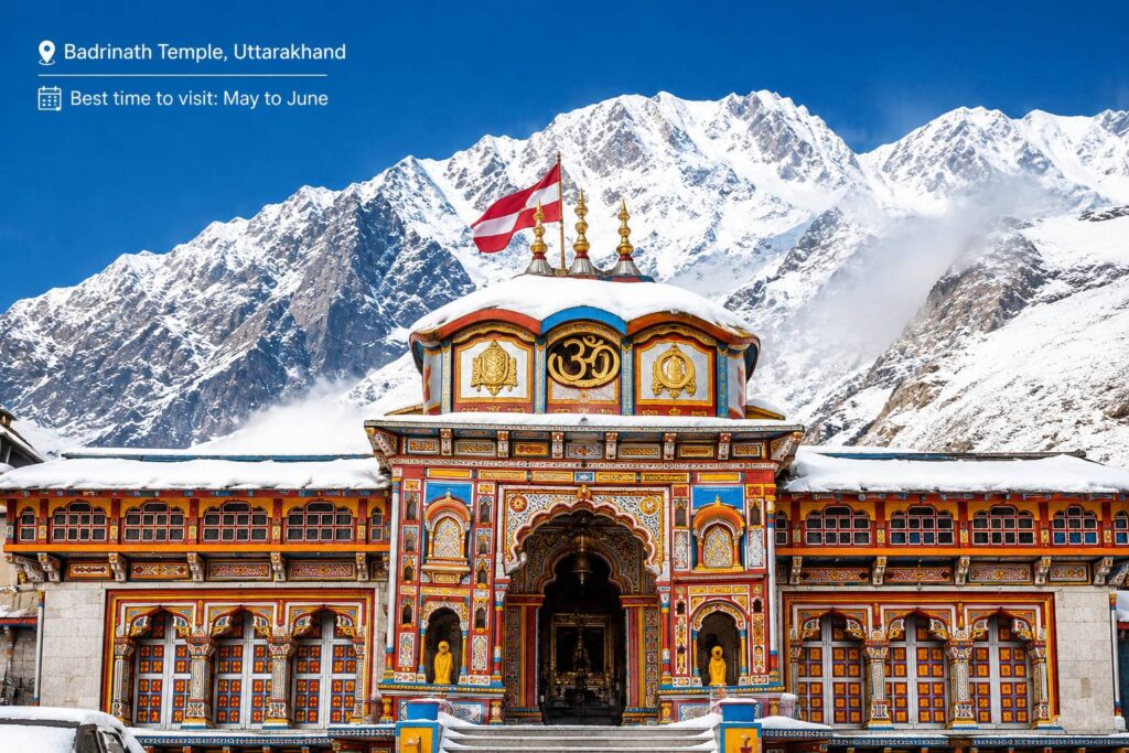 Badrinath Temple in Uttarakhand surrounded by snow-capped Himalayan peaks — best time to visit Badrinath is May to June