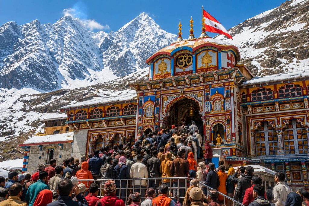 Pilgrims gathered for darshan at Badrinath Temple during Char Dham Yatra peak season in May
