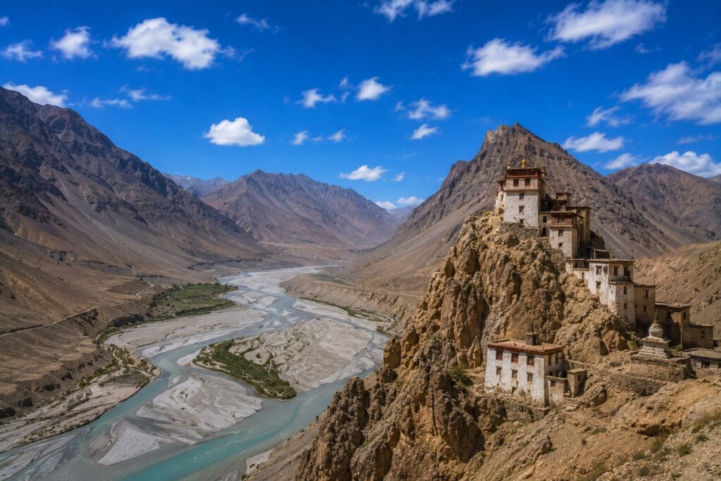 Dhankar Monastery on cliff edge above Pin and Spiti river confluence