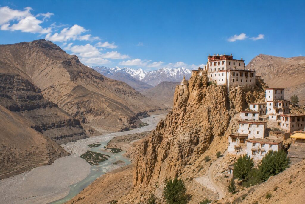 Dhankar Monastery on cliff edge above Pin and Spiti river confluence
