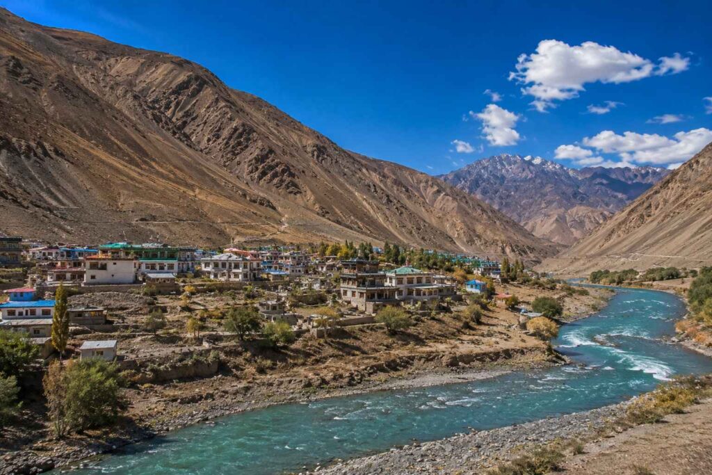 Kaza town along the Spiti River surrounded by barren Himalayan mountains
