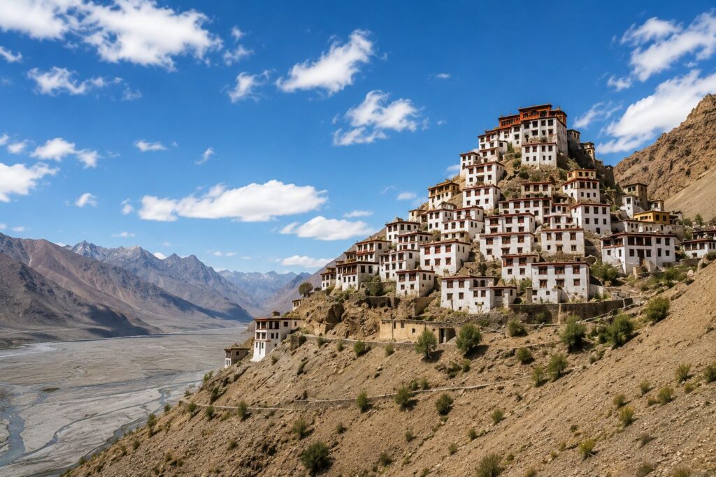 Key Monastery perched on hilltop in Spiti Valley Himachal Pradesh