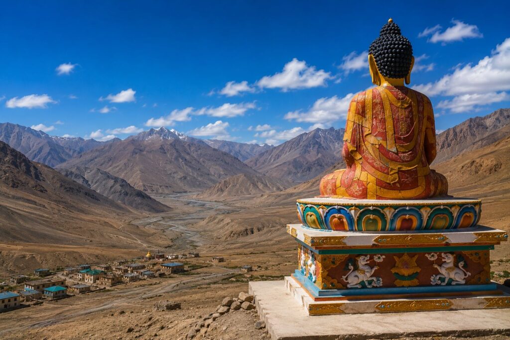 Giant Buddha statue in Langza village with Spiti Valley backdrop
