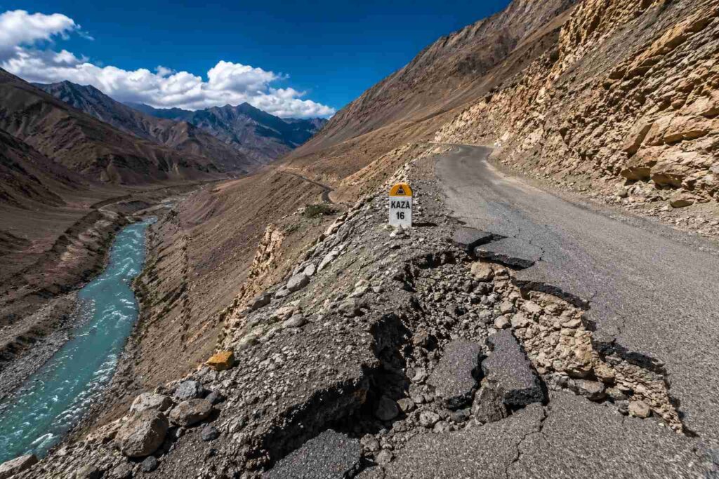 Broken mountain road leading to Kaza in Spiti Valley, Himachal Pradesh