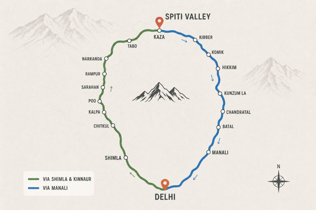 
Delhi to Spiti Valley route map via Shimla Kinnaur and Manali