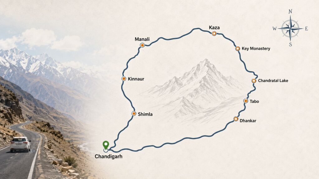 Chandigarh to Spiti Valley route map via Shimla Kinnaur and Manali