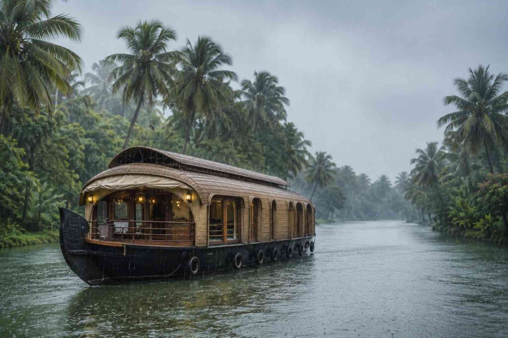Traditional Kerala houseboat sailing through Alleppey backwaters in monsoon
