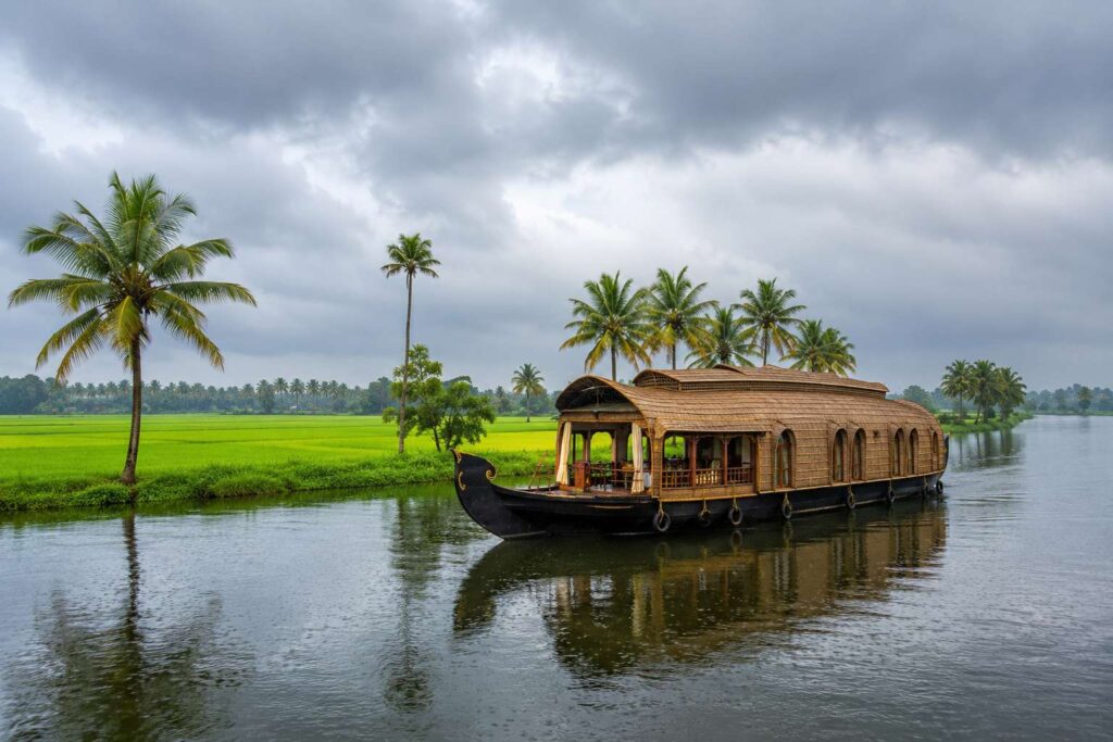 Alleppey backwaters houseboat Kerala gliding through green paddy fields during monsoon
