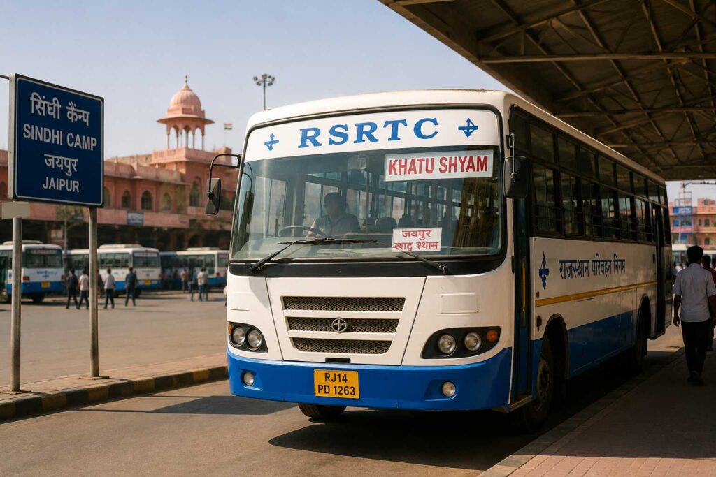 RSRTC bus at Sindhi Camp bus stand Jaipur ready for Khatu Shyam route
