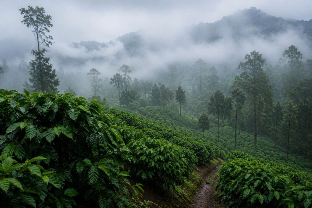 Coffee estate in Coorg Karnataka covered in monsoon mist — places to visit in July India