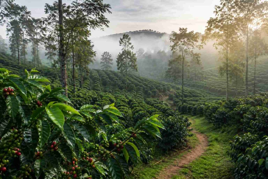 Coorg coffee plantation misty morning Karnataka hill station