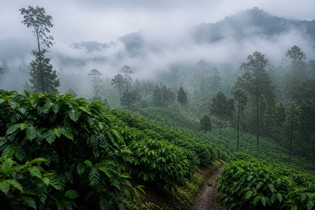 Lush coffee plantation in Coorg Karnataka surrounded by mist and dense forest
