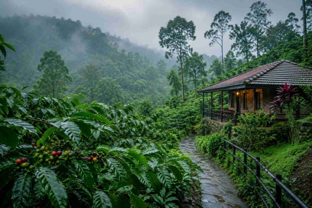 Coorg coffee estate monsoon July Karnataka India travel