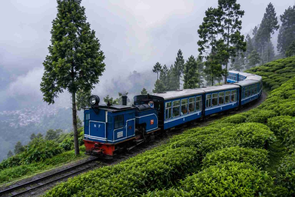 Darjeeling Toy Train passing through foggy tea gardens in July
