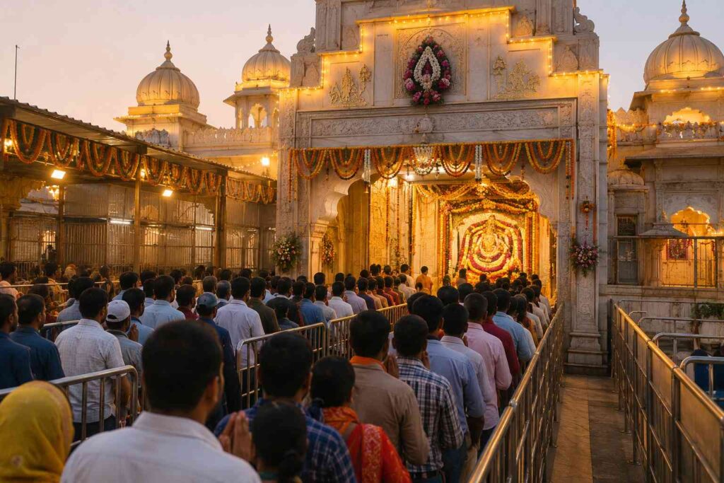 Devotees waiting for darshan at Khatu Shyam Ji temple during morning aarti
