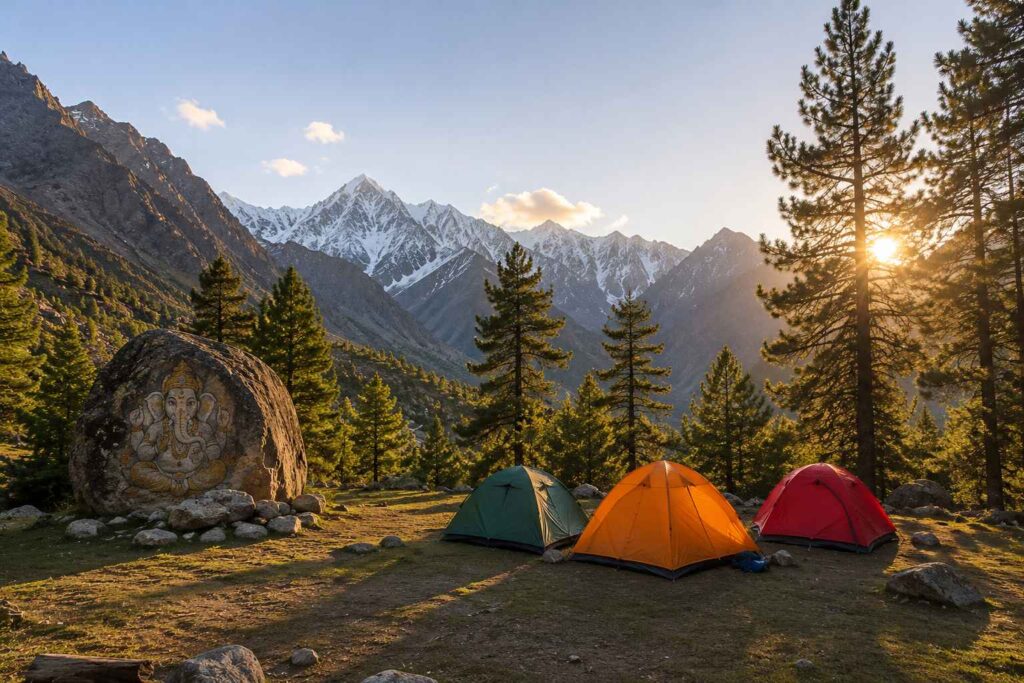 Ganesh Park campsite on Kinnaur Kailash trek trail at 3400 meters altitude