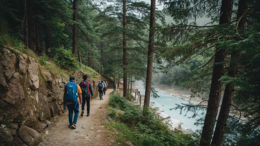 Trekkers walking through pine forest trail towards Kheerganga natural hot springs Kasol Himachal Pradesh