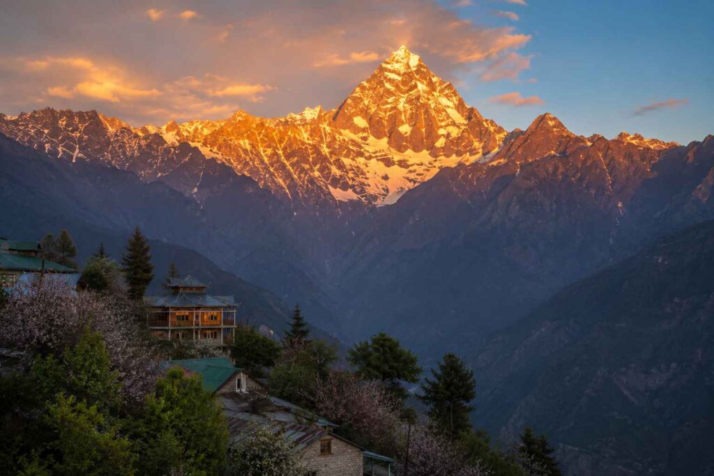 Kinnaur Kailash peak viewed from Kalpa village at sunset in Himachal Pradesh
