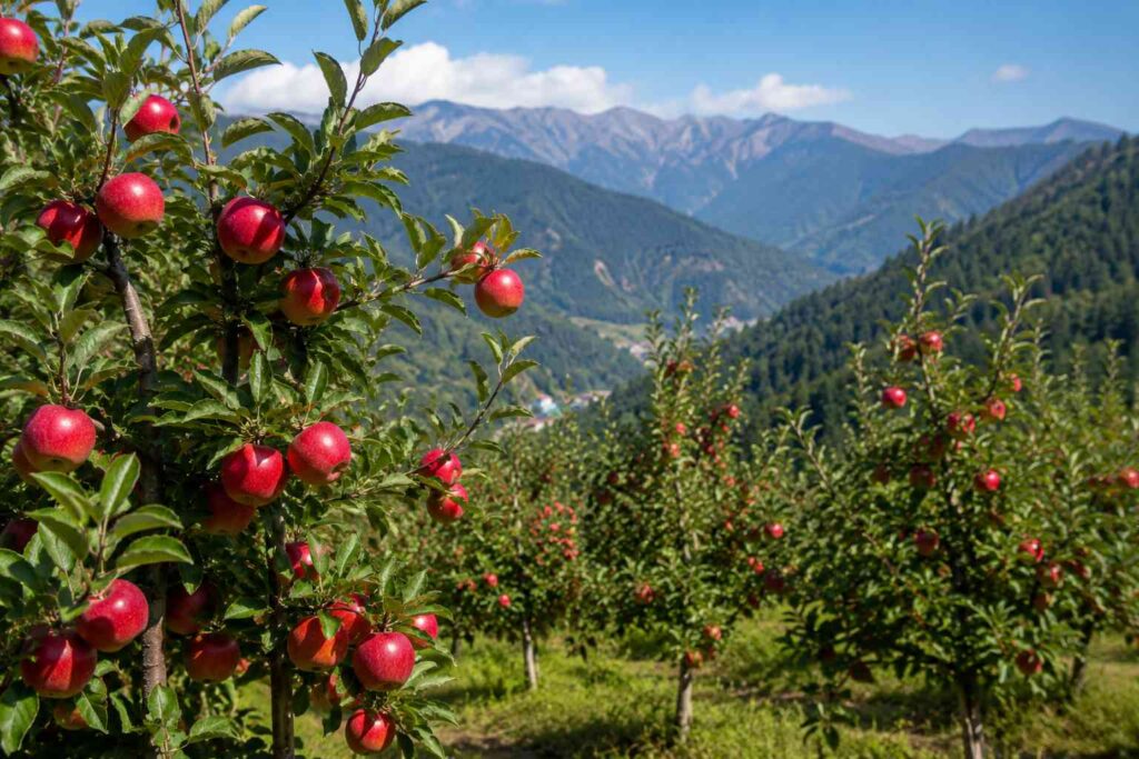 Red apple orchards in full bloom at Kotkhai village near Shimla in summer

