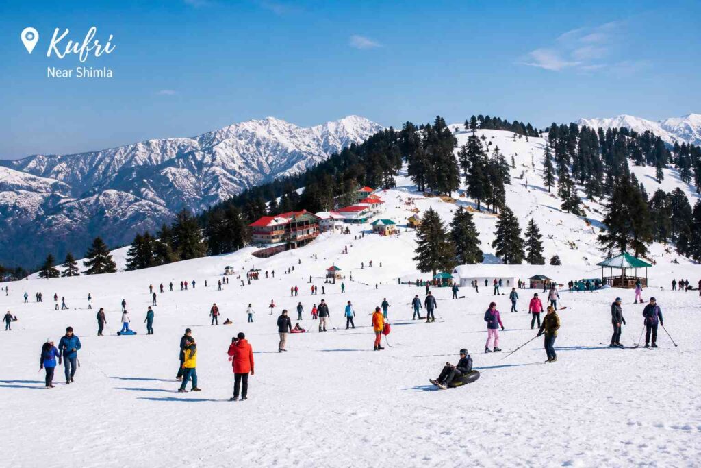 Snow-covered Kufri hill station near Shimla in winter