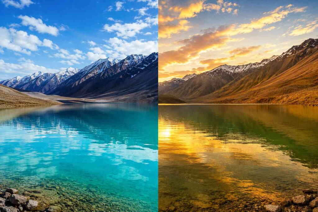Chandratal Lake colour changing turquoise to golden green
