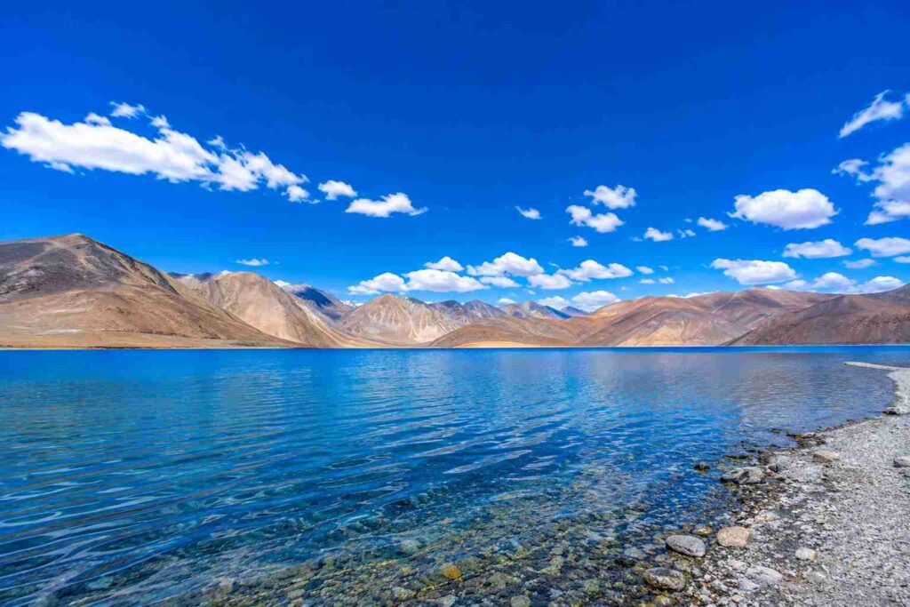 Clear blue skies over Pangong Tso lake in Leh-Ladakh during July