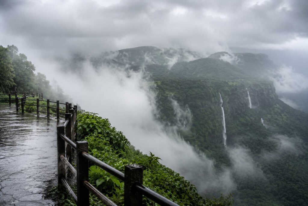 Cloud-covered viewpoint at Mahabaleshwar Maharashtra during July rain
