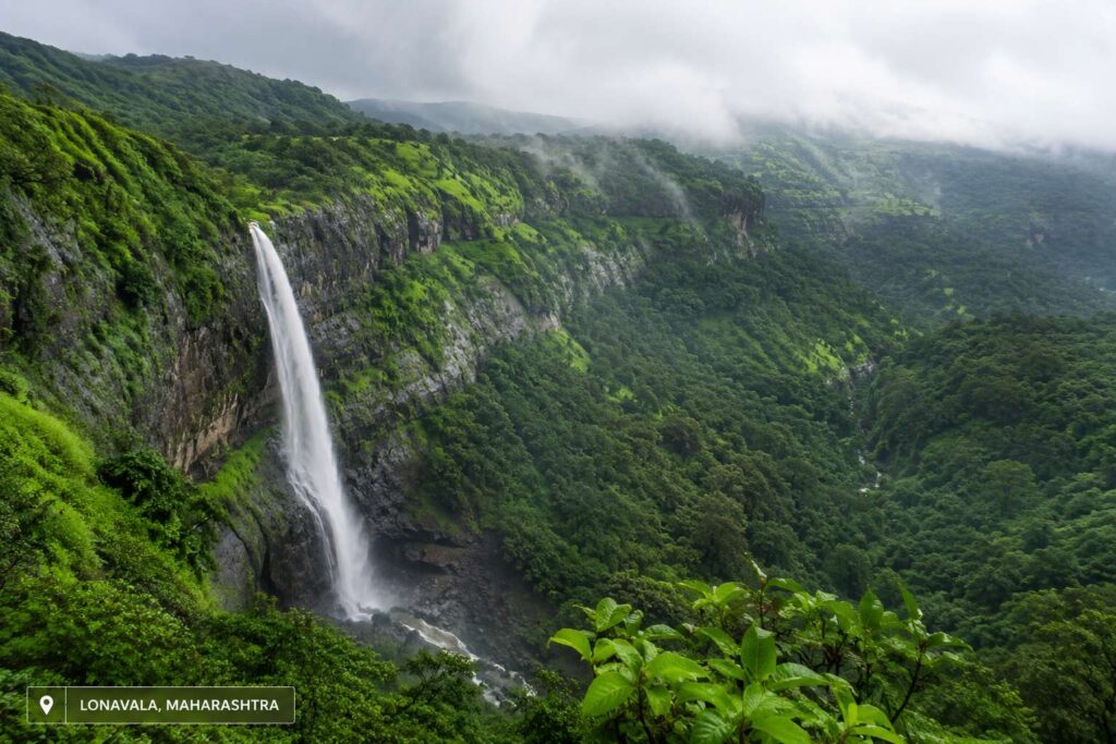 Waterfall and green valley view from Lonavala Western Ghats Maharashtra July