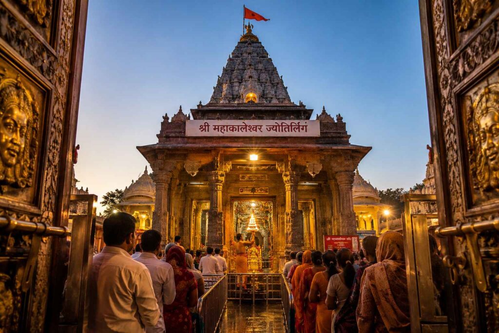 Mahakaleshwar Jyotirlinga temple entrance in Ujjain during morning aarti