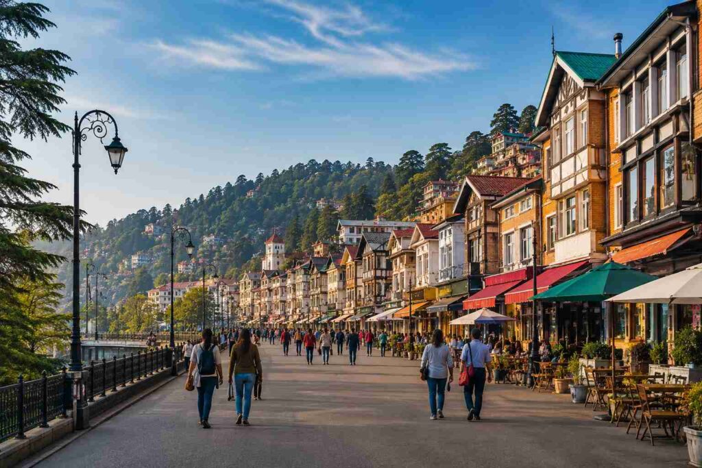 Tourists walking on Mall Road Shimla lined with shops and cafes