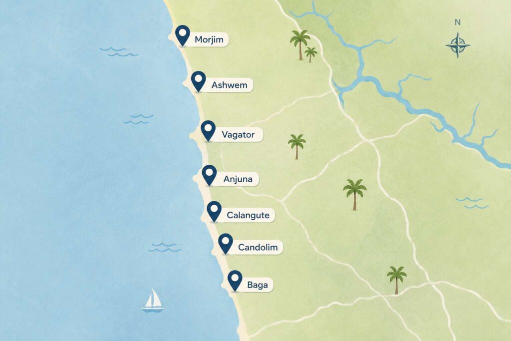 North Goa beach resorts location map for tourists
