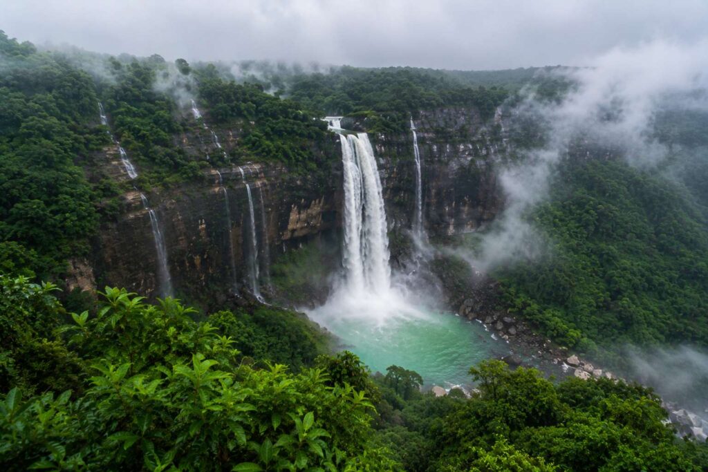 Nohkalikai Falls Cherrapunji Meghalaya at full flow during July monsoon