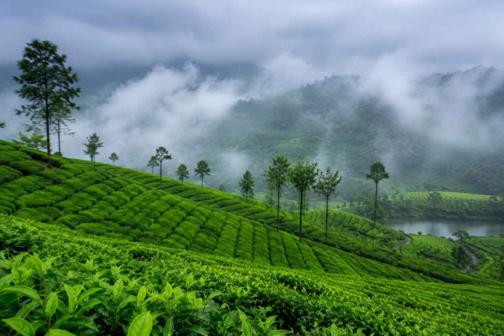 Lush green tea gardens of Munnar Kerala wrapped in monsoon mist