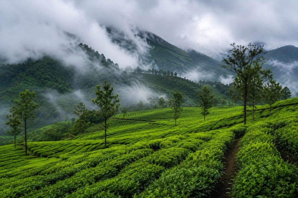 Tea garden in Munnar Kerala with low monsoon clouds in July