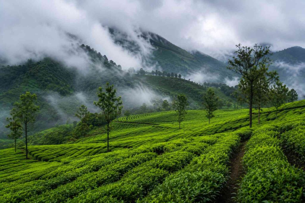 Rolling green tea estate hills in Munnar Kerala during summer season in India