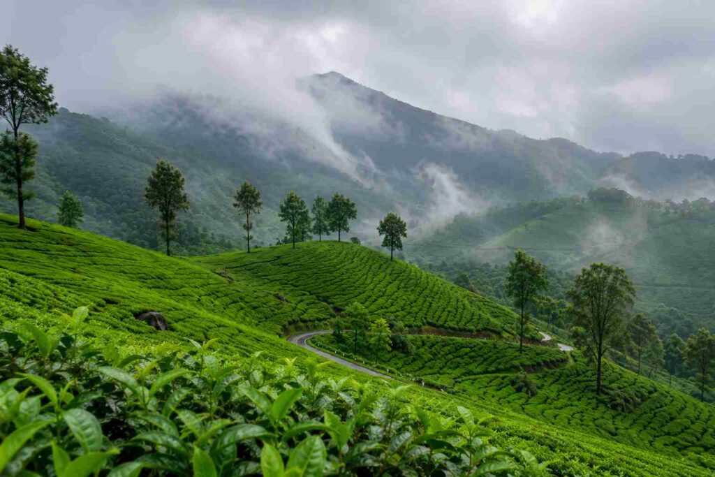 Munnar tea gardens Kerala July monsoon green hills India travel