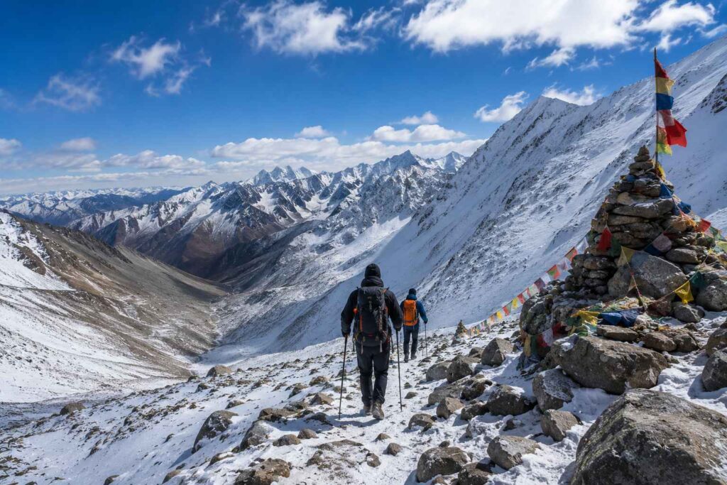 Trekkers crossing Charang La Pass at 5241 meters on Kinnaur Kailash Parikrama circuit