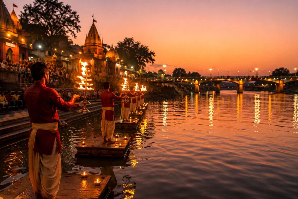Evening aarti on Ram Ghat in Ujjain with lamps reflected on the Shipra river