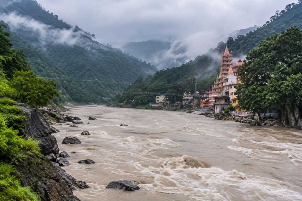 River Ganga flowing strong at Rishikesh Uttarakhand during monsoon July