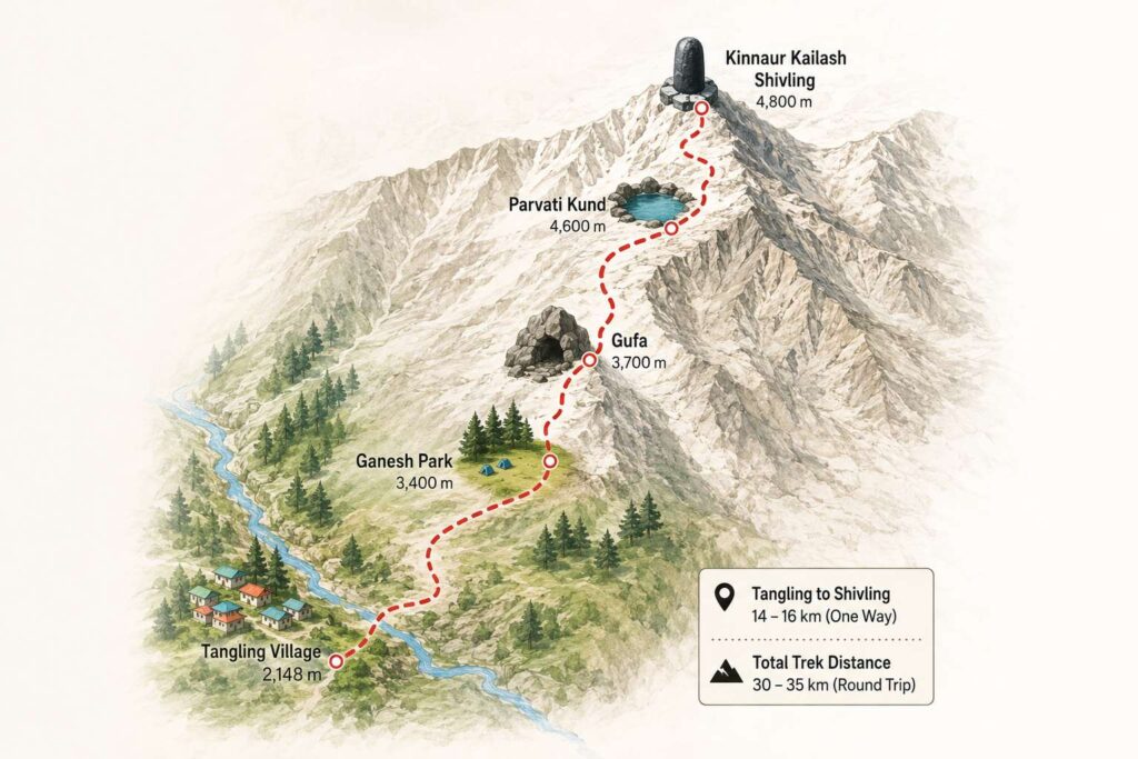 Kinnaur Kailash trek distance route map showing Tangling to Shivling trail