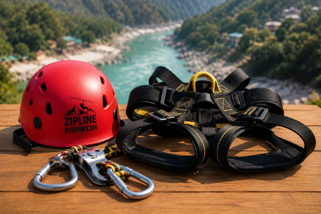 Safety harness and helmet for zipline in Rishikesh