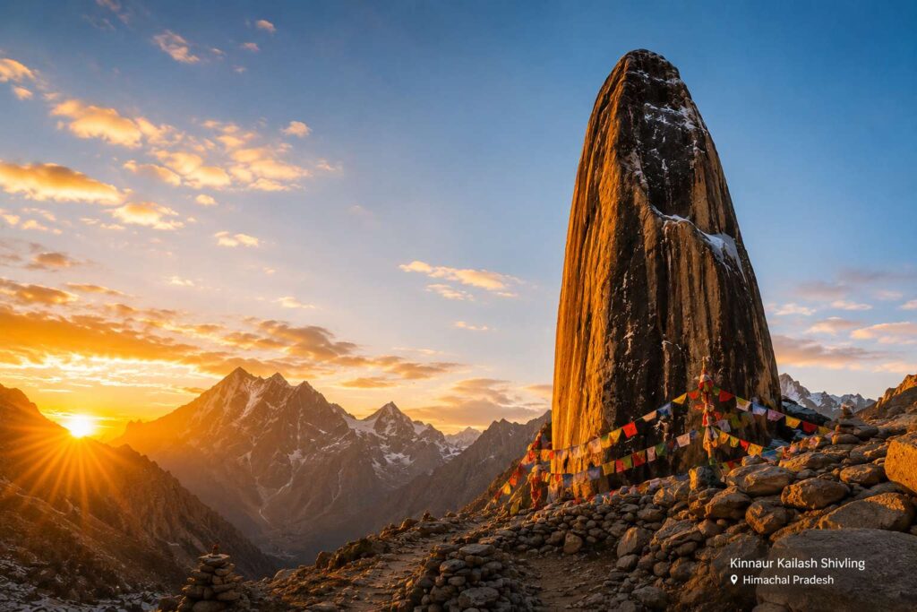Kinnaur Kailash Shivling at sunrise covered in golden light Himachal Pradesh
