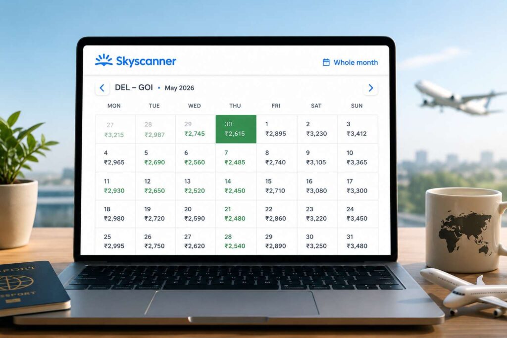 Skyscanner flexible date calendar cheapest flights India 2026