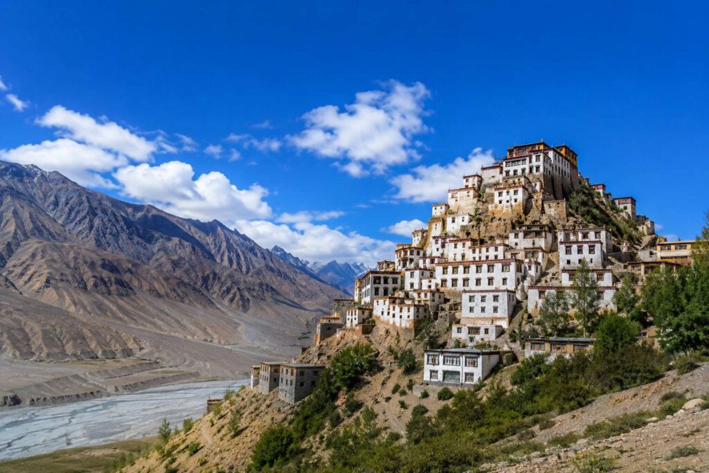 Key Monastery Spiti Valley Himachal Pradesh under clear blue July sky