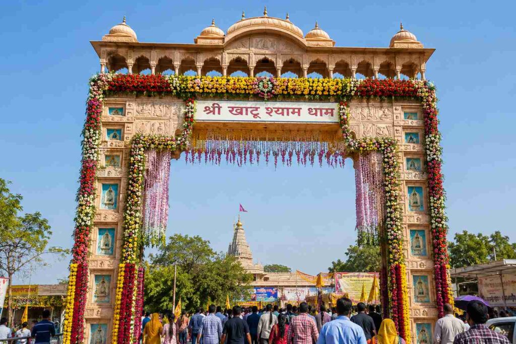 Khatu Shyam Ji temple main entrance Toran Dwar decorated with flowers
