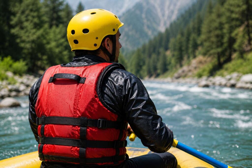 Rafter wearing life jacket safety gear Kashmir