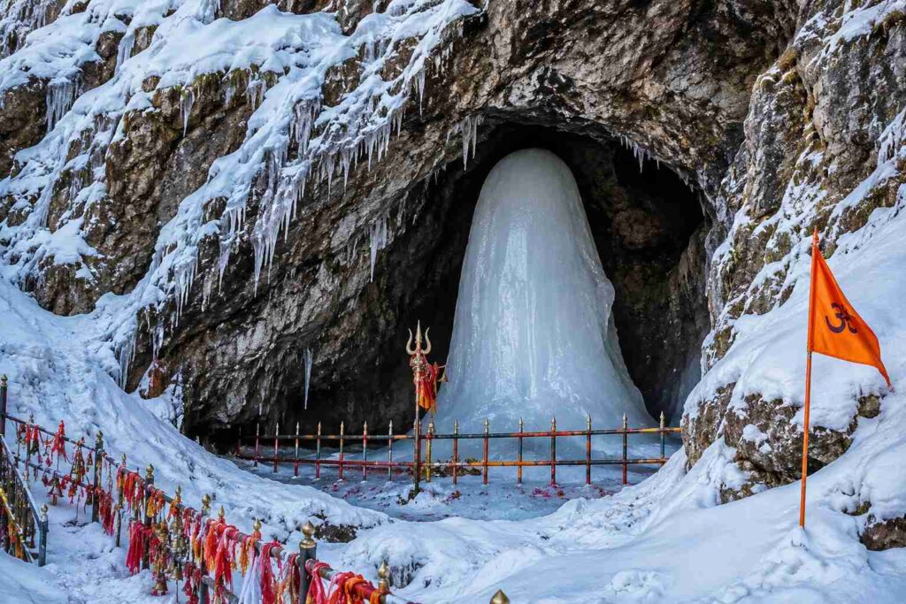 Amarnath Cave shrine covered in snow during Amarnath Yatra 2026