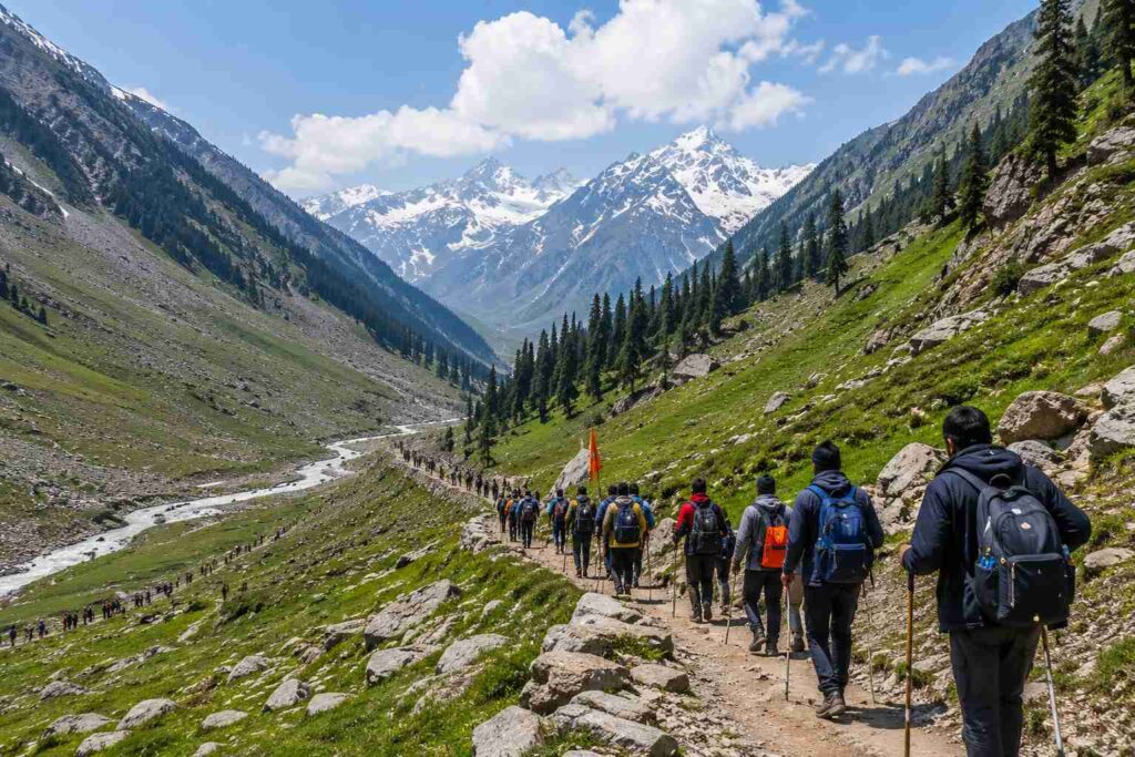 Amarnath Yatra 2026 pilgrims trekking the Pahalgam route through the Kashmir Himalayas
