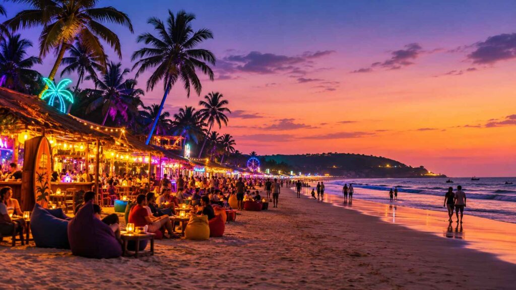 Baga Beach in North Goa lined with beach shacks and nightlife